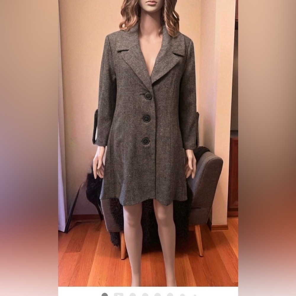 Cabi Shakespeare Tweed Overcoat Grayish/Brown Size 12 Wool Blend Knee Length